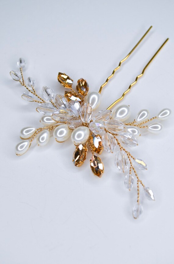 Bridal Pearl & Crystal Hairpins - Ivory/White Wedding Hair Accessories White Ivory Champagne Pearl, Bridal Hair Pin, Wedding Hair  main image 4