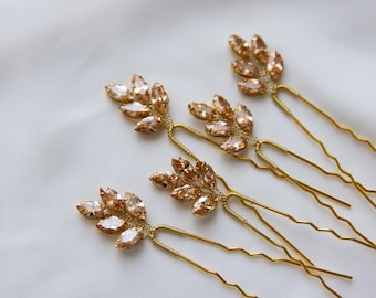 Champagne Crystal hair pins set of 5, Zircon Bridal gold hair pins, Wedding crystal headpiece, hair accessories