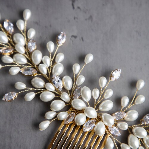 Wedding Pearl shops bridal hair comb, Ivory gold wedding pearl headpiece, Bridal gold crystal headpiece, Pearl hair accessories