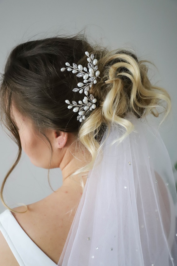 Pearl Crystal Hair Pins Set of 2, Bridal White Silver Hair  display picture 2