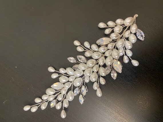 Opal stones and crystal headpiece. White Opal and Clear Crystal Couture Wedding Headpiece main image 2