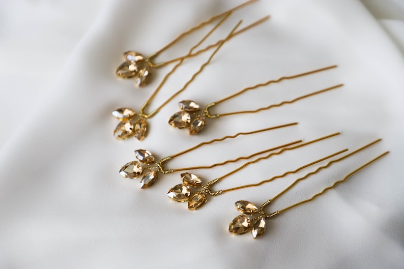 Gold Crystal hair pins set of 6, Bridal gold hair pins, Wedding gold crystal headpiece, Crystal hair accessories, Gold hair pins image 4