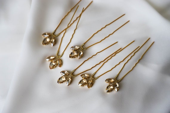 Gold Crystal Hair Pins Set of 6, Bridal Gold Hair Pins  display picture 2