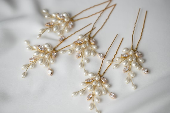 Bridal Pearls Hair Pins Set of 5, Gold Ivory Headpiece  display picture 1