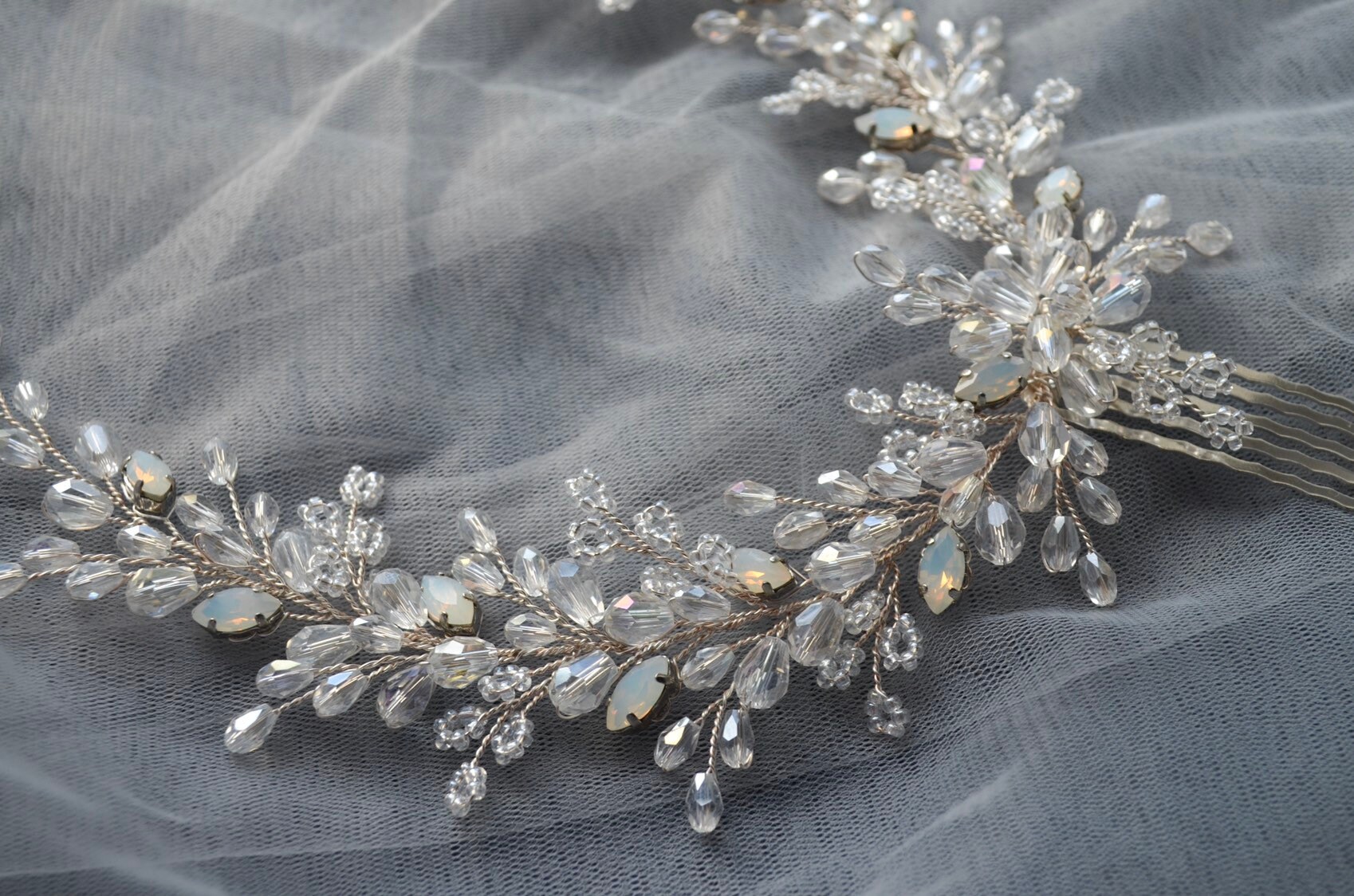 Bridal Opal Hair Comb, Silver Opal Crystals Headpiece 