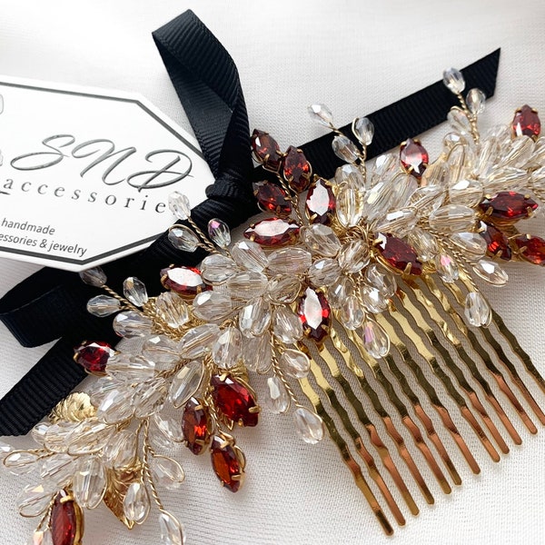 Red crystal hair comb, Garnet Gold Bridal headpiece, Baby Shower hair accessories, Crystal deep red hair comb, bridesmaids jewelry