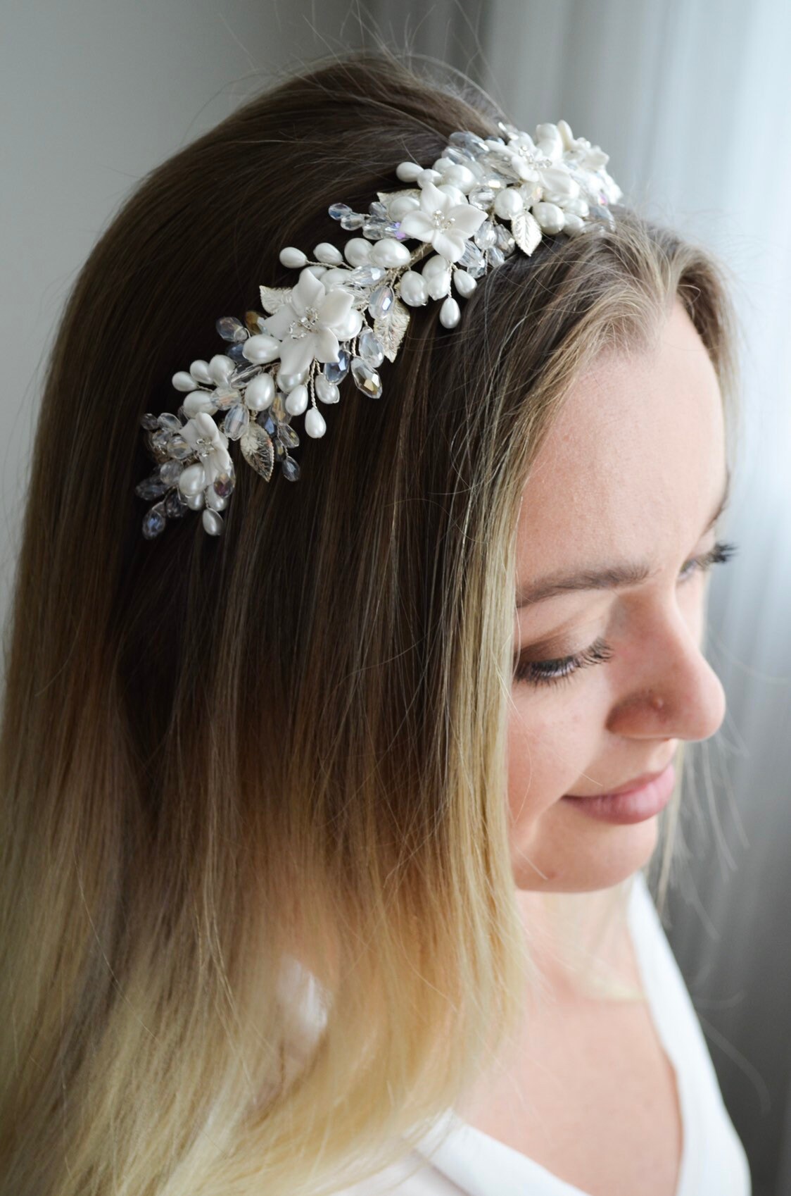 thumbnail image 2 of Big Flower White Pearl Crystal Hair Head Band – Gold Tone, Bridal Wedding Accessory 2 of 5