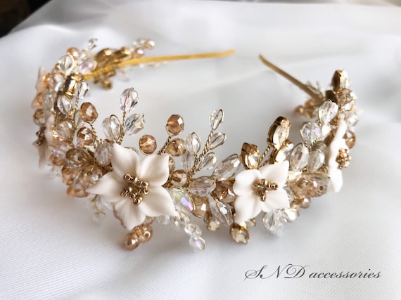 Gold Ivory Hair Tiara, Flower Headband, Crystal Headpiece 