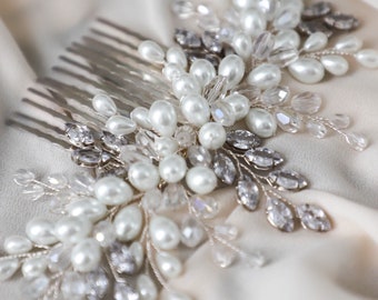 Peigne à cheveux de mariée en perles de cristal, casque de mariage blanc, casque de mariée en cristal argenté, accessoires pour cheveux en perles
