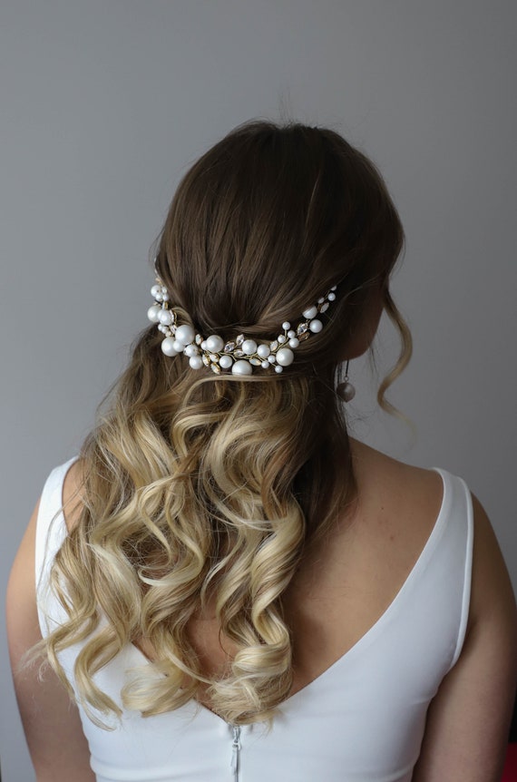 NEW Ivory Pearl & Crystal Gold Bridal Hair Vine Ivory and Co Golden Bloom Crystal and Pearl Floral Crescent  main image 4