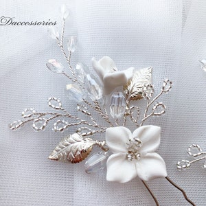 Bridal flower hair pin, White floral hair pin, Wedding crystal  headpiece, Flower Crystal hair accessories, Floral design, Silver pin
