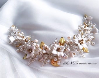 Wedding flower hair vine, Bridal white hair wreath, Crystal gold headpiece, Floral hair accessories, Crystal hair tiara, bridal shower tiara