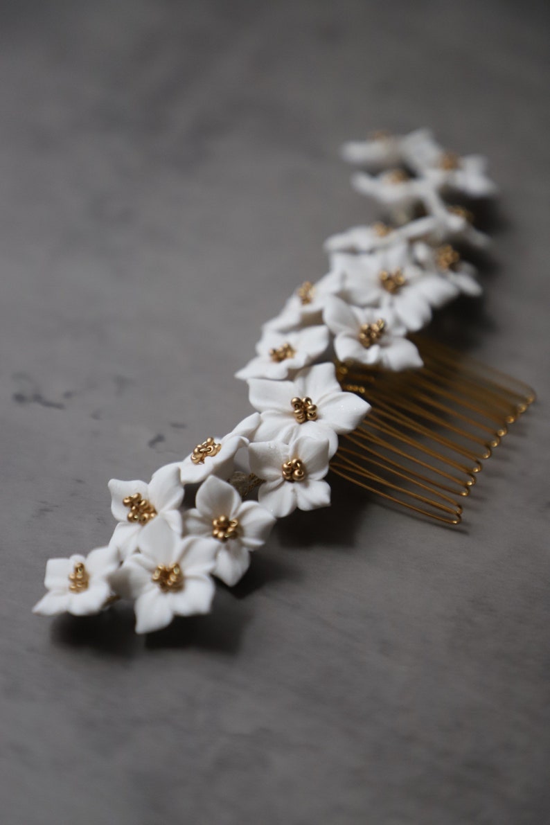 White flower hair comb, Wedding floral headpiece, Bridal gold headpiece, Bridesmaids prom hair accessories image 10