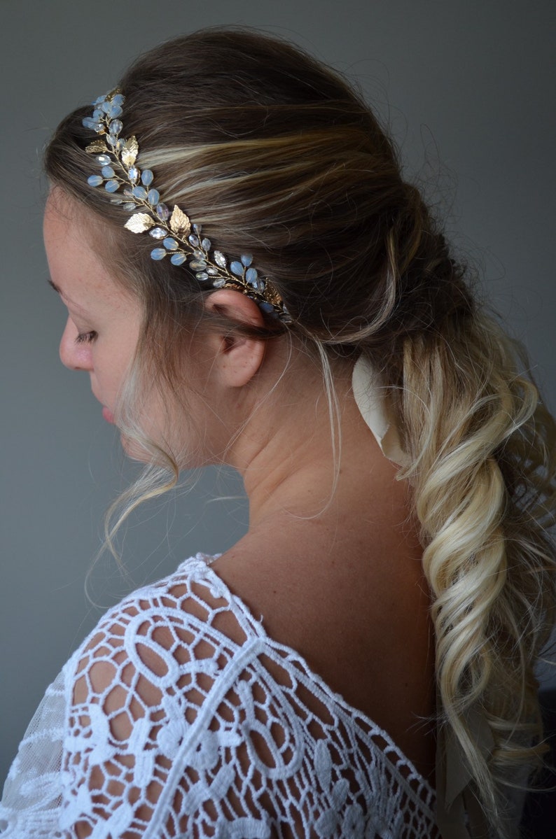 Bridal Gold Hair Wreath Wedding Opal Hair Tiara Opal Crystal Etsy