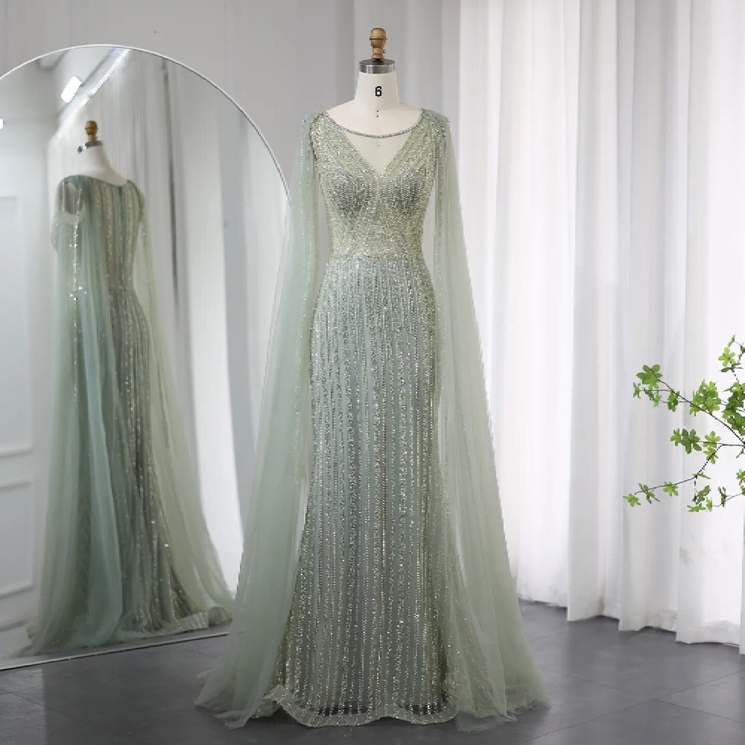 Luxury Sage Green Mermaid Beaded Evening Dress With Cape Sleeves, Plus