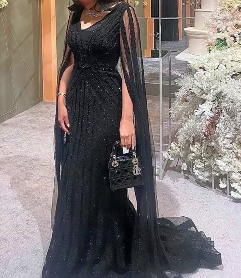 Luxury Black Lace Long Beaded Evening Dress for Wedding With Cape ...