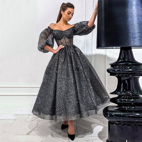 Gray tea length formal hotsell dress