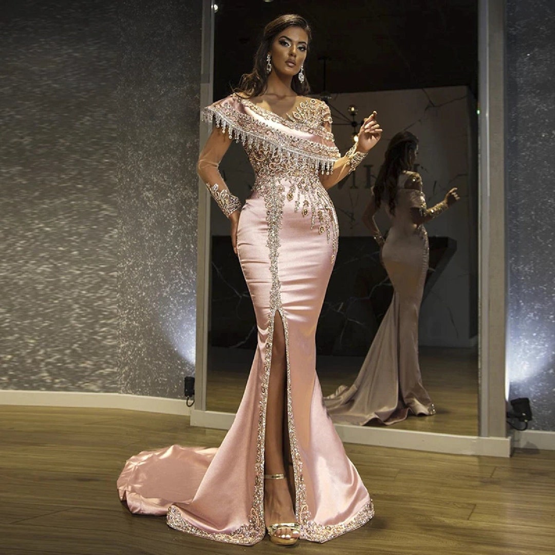 Elegant Luxury Pink Mermaid Evening Dress, Crystal Tassel Long Sleeve ...