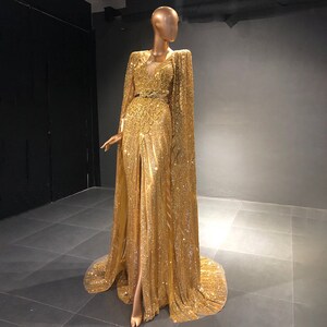 Luxury Gold Mermaid Sequin Evening Dress With Cape Sparkly - Etsy