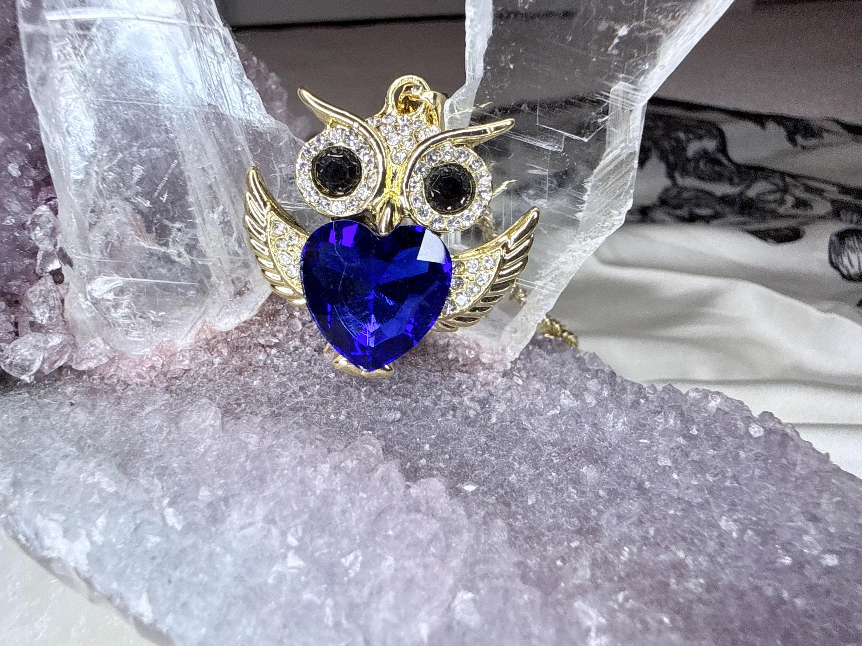 Santa Muerte Owl Necklace – Gold-Tone with Deep Sapphire Blue Heart CZ | Protection • Wis