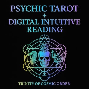 Puede incluir: Fondo negro con el texto "PSYCHIC TAROT + DIGITAL INTUITIVE READING" en un degradado de morado, azul y verde. Un diseño circular presenta una calavera, un pájaro y formas geométricas. El texto "TRINITY OF COSMIC ORDER" está en la parte inferior.