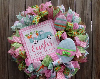 Easter Bunny Wreath, Easter Truck Wreath, Spring Door Decor, Pink Gingham Easter Decor, Easter Wreath For Front Door, Easter Wall Decor
