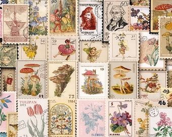 May include: A collection of vintage-style postage stamps with various illustrations. The stamps feature images of flowers, fairies, mushrooms, portraits, and other designs. The color palette includes shades of pink, green, blue, and brown.