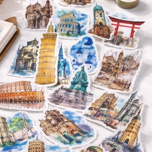 Vattentäta PVC-landmärkesdekaler för arkitektur för dagbok, scrapbooking och reseplanerare