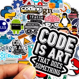 May include: A collection of colourful stickers featuring various programming and coding related designs. The stickers include logos for popular programming languages such as Python, JavaScript, and React. One sticker features the text "Code is Art That Does Something" in bold white letters on a black background.