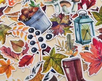 Aquarell Herbst Sticker, 49 Teile: Blatt & Blumenflocken