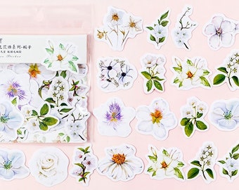 45 pcs Pure White Flowers Decorative Stickers, Colorful Flower Sticker, Floral Scrapbooking Planner Journal Diary Cute Stationery