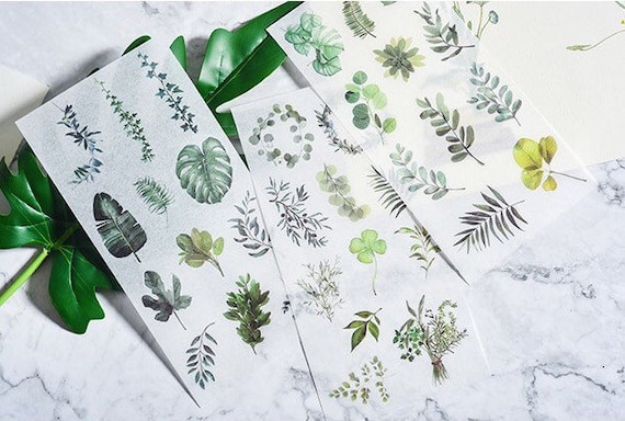 Gpupved 24 Sheet Green Leaf Stickers for Scrapbooking Greenery Stickers for Journaling Mini Plant Sticker Sheets Aesthetic Small Leaf Adhesive
