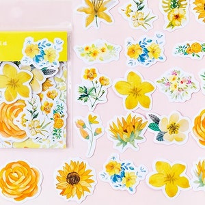 45 pcs Sunny Yellow Flowers Decorative Stickers, Colorful Flower Sticker, Floral Scrapbooking Planner Journal Diary Cute Stationery
