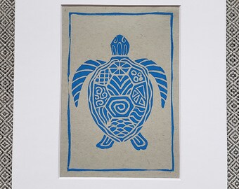 Handmade Sea Turtle Linoleum Print, 8x10 Matted