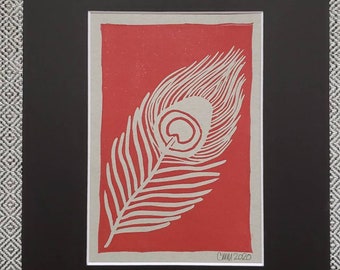 Handmade Peacock Feather Linocut Print, Matted 8x10