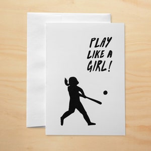 Carte de vœux Softball Silhouette, JOUEZ COMME UNE FILLE!  Carte cadeau de softball - Softball féminin - Blank Inside