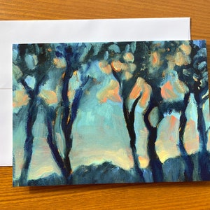 ¡NUEVO! Árboles al atardecer tarjeta de felicitación - tarjeta de cumpleaños - cualquier ocasión - interior en blanco - impresión de pintura original - para él - para ella