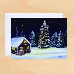 Tarjetas de Navidad - Cabaña acogedora - Escena de invierno - Texto antiguo en Tyme en el interior para una tarjeta antigua