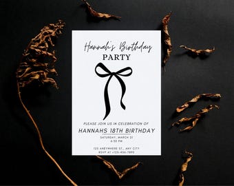 Puede incluir: Una tarjeta de invitación blanca con texto negro y una ilustración de lazo negro. El texto dice "Hannah's Birthday Party", "Please join us in celebration of Hannahs 18th Birthday", "Saturday, March 21", "4:50 PM", "125 Anywhere St., Any City", y "RSVP at +123-456-7890".