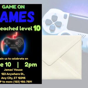 Modèle d&#39;invitation d&#39;anniversaire de jeu vidéo, invitation de jeu vidéo, néon phosphorescent, invitation enfant, fête de jeu pour garçon, invitation Gamer garçon, toile modifiable
