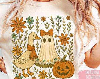 Halloween Goose PNG, Pumpkin Ghost PNG,  Wildflower Ghost Sublimation Design (Digital Download)