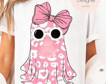 Pink Leopard Ghost PNG: Kaugummi-Schleife, mädchenhaftes Halloween-Design (Digitaler Download)