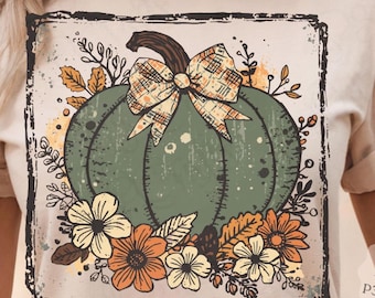 Herbstliches Kürbis-Blumenmuster (PNG), Retro-Herbstshirt (PNG), Gemütliches Mädchen-Sublimationsmotiv, Digitaler Download