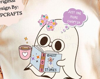 Niedliche Kawaii-Geister-PNGs: Designs rund ums Lesen, Kaffeetrinken und Koketten – perfekt für Bücherwürmer und Halloween.