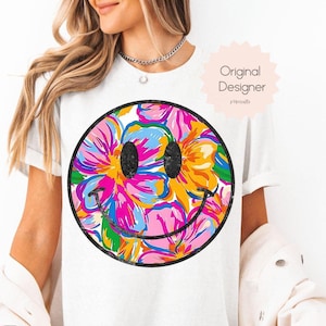 Flower Smiley Face Png, Preppy Smile png, Summer Shirt Design, Distressed Floral Smiley Face, Trendy Happy Face png, Sublimation Download