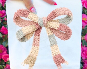 Faux Yarn Bow PNG, Pastel Boho Patchwork Bow, Sublimation Shirt Design