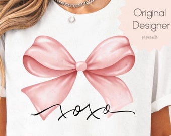 Design PNG per maglietta con fiocco di San Valentino, grafica a sublimazione Coquette XOXO