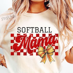 Retro Softball Mama PNG: Checkered Bow Sublimation (Digital Download)