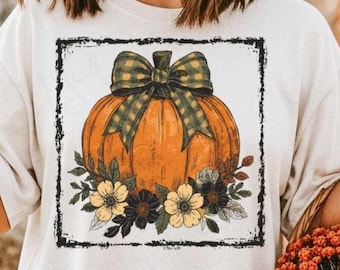 Rustic Autumn Pumpkin with Floral Bow PNG for Sublimation - Digital Download Halloween Design
