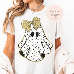 Coquette fantôme PNG pour chemises, sublimation fantôme à pois, mignon Boo Png avec noeud, Clipart Halloween girly, sublimation fantôme automne bohème pngs